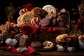 basket overflowing with warm and sweet holiday treats, including cookies, cakes, and pastries