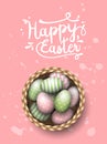 Basket with painted easter eggs on pink spotted background, illustration Royalty Free Stock Photo