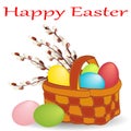 Basket with painted eggs and a bouquet of flowering willow with a wish of happy Easter on a white background