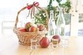 A basket with pears and pear schnapps Royalty Free Stock Photo