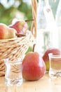 A basket with pears and pear schnapps