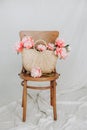 Basket peony flowers viennese chair white background Royalty Free Stock Photo