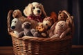 a basket of plush toys for a cat or dog, with a bottle of treats nearby Royalty Free Stock Photo