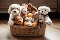 a basket of plush toys for a cat or dog, with a bottle of treats nearby Royalty Free Stock Photo