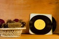 Basket with potpourri and vinyl records Royalty Free Stock Photo