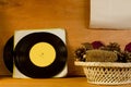 Basket with potpourri and vinyl records Royalty Free Stock Photo