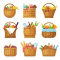 Basket with products. Handcraft picnic hamper with various food vegetables fruits vector baskets
