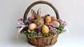 A basket with a rabbit sitting in it filled with eggs, AI Royalty Free Stock Photo