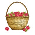 Basket with raspberries. Watercolor composition. Realistic clipart