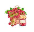 Basket with raspberry and glass jar with jam. Red ripe berries, leaves. Watercolor food illustration Royalty Free Stock Photo