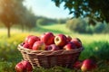 Basket with red apples on the grass in the orchard. Generative AI.