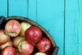 Basket of red apples sitting on wood table