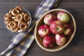 Basket with red apples, vase bagels and towel