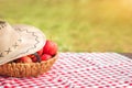 Basket with red apples on a wooden table against the background of autumn nature. Texture table with red tablecloth, apple harvest Royalty Free Stock Photo