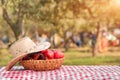 Basket with red apples on a wooden table against the background of autumn nature. Texture table with red tablecloth, apple harvest Royalty Free Stock Photo