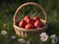 basket with red easter eggs on grass background with spring flowers Royalty Free Stock Photo