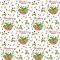 Basket with red strawberries and green leaves. Seamless vector pattern. Strawberry summer Royalty Free Stock Photo