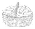 Basket with ripe bananas. Picture in modern single line style. Solid line, decor outline, posters, stickers, logo. Vector illustra