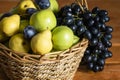 Basket with ripe fruits: apples, pears, grapes, plums selective focus Royalty Free Stock Photo