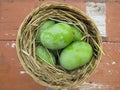 Basket of ripe, juicy mangos presented with a traditional weaved basket