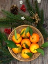 Basket of ripe mandarins, spruce branches and christmas toy on a wooden background. selective focus. Royalty Free Stock Photo