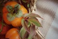 basket with ripe orange persimmons. beautiful background texture. juicy fruits. vitamins