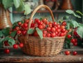 Basket with ripe red cherries on wooden table Royalty Free Stock Photo