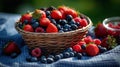 Basket of ripe strawberries, blueberries, and raspberries on a blue checkered blanket. AI-generated.