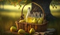 A basket of ripe yellow pears and a bottle of drink made of pears. Fresh fruit on the table in the garden. Generative AI Royalty Free Stock Photo