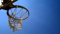 Basket with ruined net seen from below in the morning sun Royalty Free Stock Photo