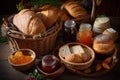 basket of rustic, crusty breads, paired with assortment of jams and spreads