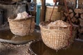 A basket of salt obtained from boiling. mountain salt has only one place in the world at Bo Kluea Thailand