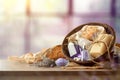 Basket with sample of natural lavender body care products front Royalty Free Stock Photo