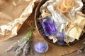 Basket with sample of natural lavender body care products top Royalty Free Stock Photo