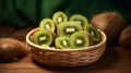 Basket of sliced kiwis in a lush tropical setting