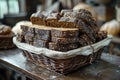 Basket of sliced multi-grain bread in a bakery Royalty Free Stock Photo
