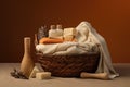 Basket of soap and towel. Light beige and orange. Set of bath accessories on brown background Royalty Free Stock Photo