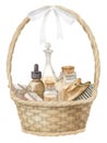 Basket with Spa Supplies on isolated background. Hand drawn watercolor illustration of wicked object with bathroom Royalty Free Stock Photo