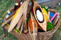 Basket with spindles and multicolored woolen yarn for hand weaving and spinning Royalty Free Stock Photo