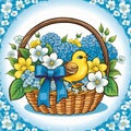 Basket with spring flowers and a small songbird.