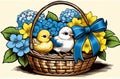 Basket with spring flowers and a small songbird.