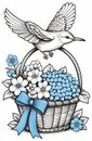 Basket with spring flowers and a small songbird.