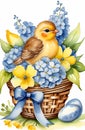 Basket with spring flowers and a small songbird.