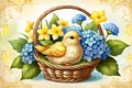 Basket with spring flowers and a small songbird.