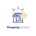 Basket and store icons, shopping services, vector line illustration Royalty Free Stock Photo