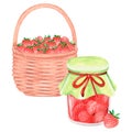 A basket of strawberries and a jar of jam. Watercolor illustration. Isolated on a white background. Royalty Free Stock Photo