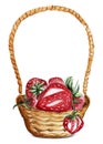 Basket with strawberries watercolor single isolated element