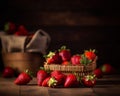 A basket of strawberries on a wooden table. A delicious basket of fresh strawberries on a rustic wooden table Royalty Free Stock Photo