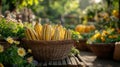 Basket of striped gourds among flowers Royalty Free Stock Photo