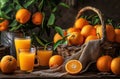 a basket of tangerines and oranges sit next to cups of orange juice